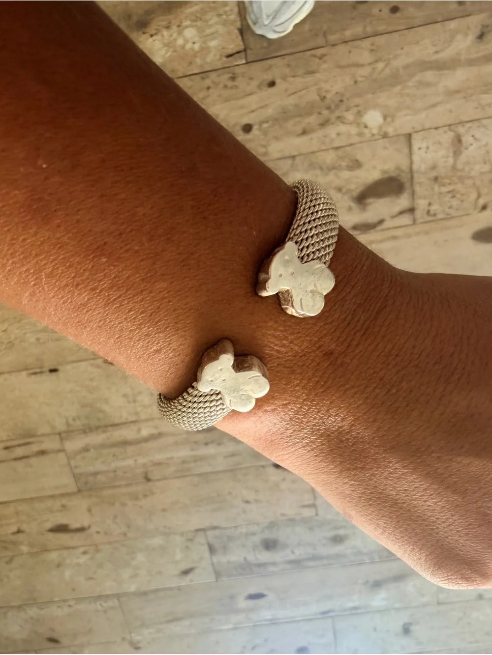 Tous Silver-Tone Mesh Open Cuff Bracelet with Bear End Caps